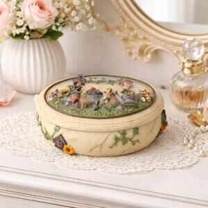 Hand Painted 3D Flower Garden Oval Trinket Box A. Richesco